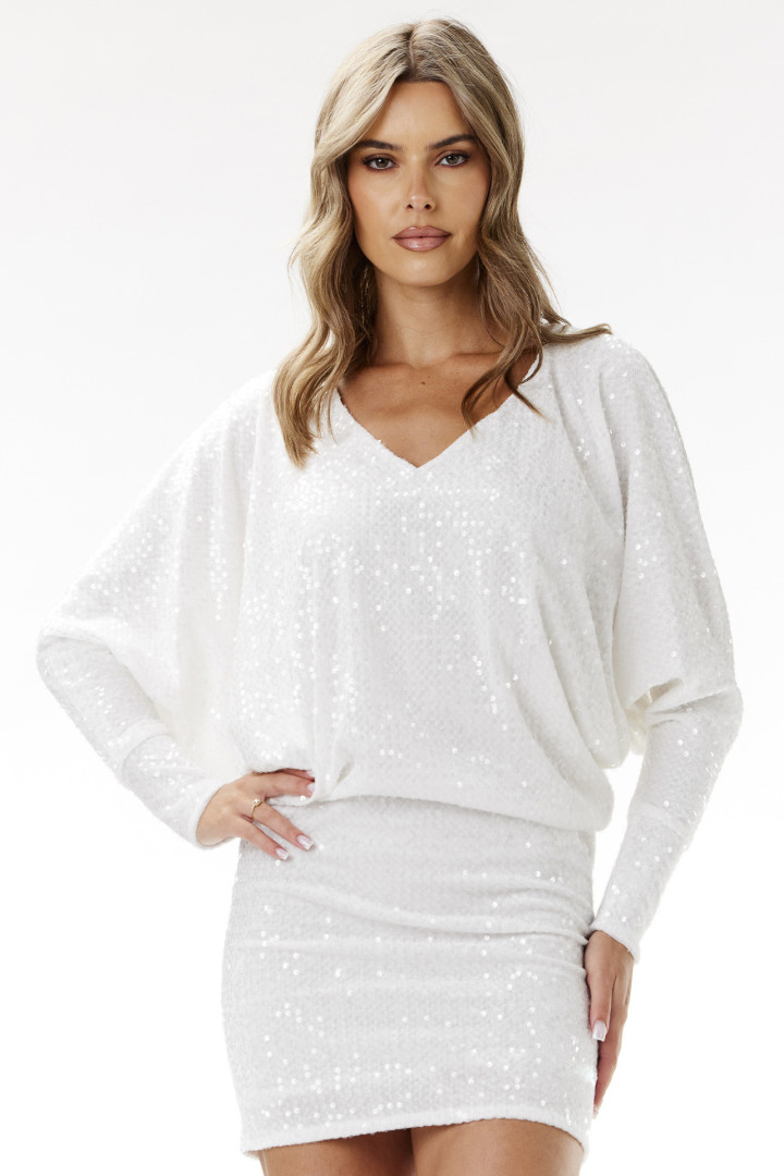 Sukienka welurowa z cekinami A700 - Kolor/wzór: Biały